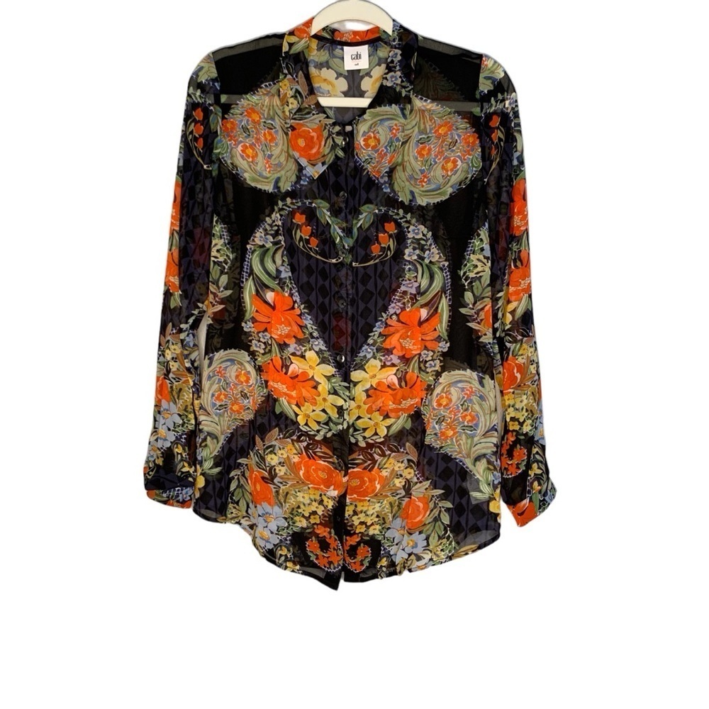 Silk-Feel Black Floral Button-Up Blouse with Orange Accents